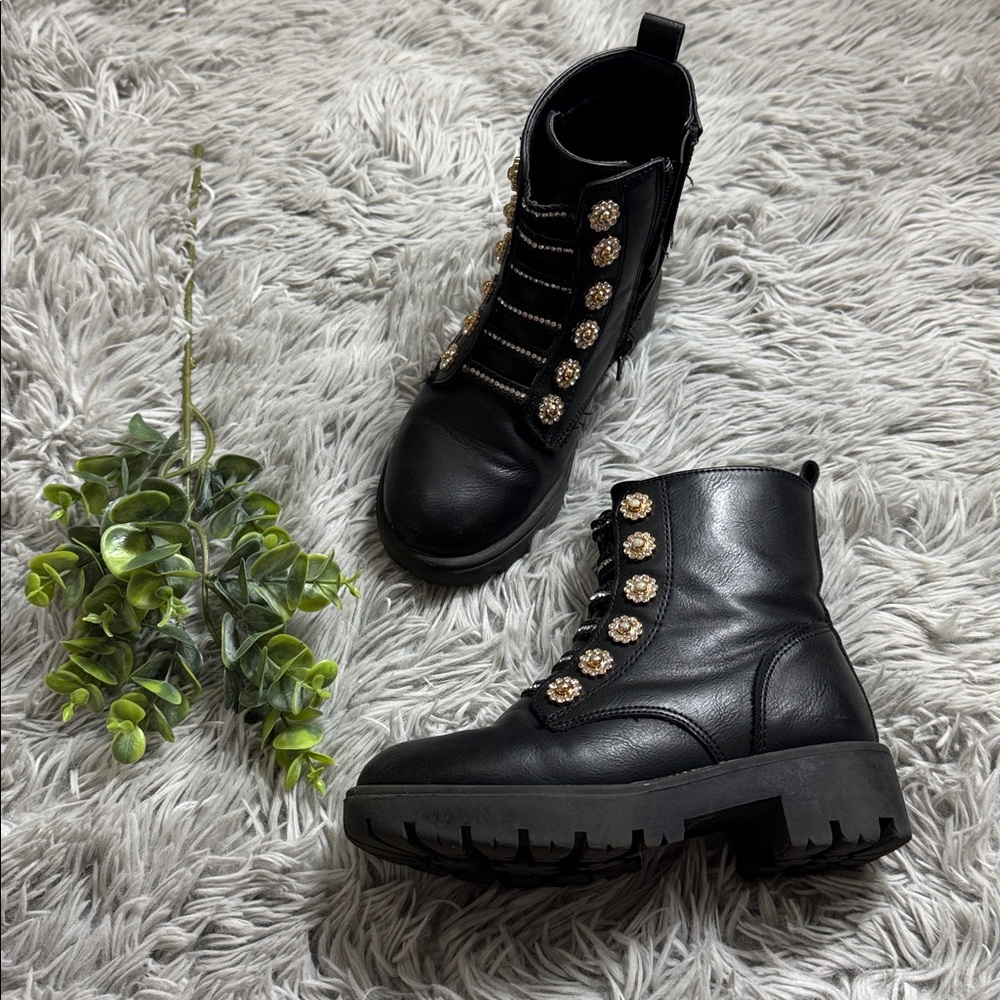 BCBGirls Black Kids moto Boots with Gold flower Accents size 12